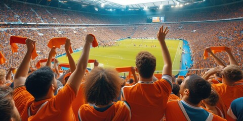 Fans at a World Soccer competition event cheer on their favorite players, raising their arms in...