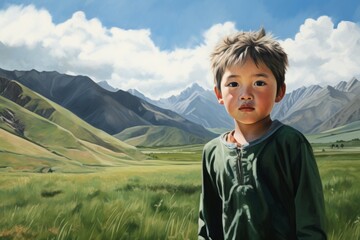 Mongolian boy in national costume on the background of a green valley. portrait of a child of an indigenous resident of a geographical area.