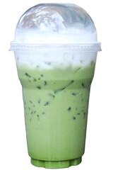 Fresh Iced Matcha green tea latte with milk foam in tall plastic glass