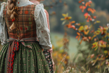 Women's Bavarian in traditional dirndl outfit for Oktoberfest.