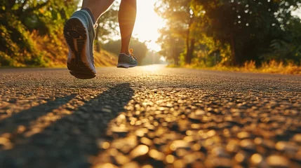 Fotobehang close-up of a runner's feet running on a road on sunrise © KKC Studio
