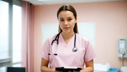 A clinical research nurse coordinator without a stethoscope holding a clipboard standing front view, hospital room background