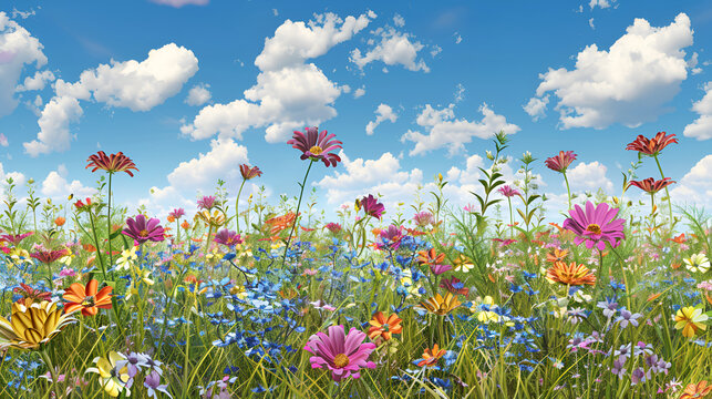 A picturesque panorama of a blooming flower field during summertime, featuring a variety of vibrant flowers against a backdrop of blue skies, perfect for capturing the beauty of nature