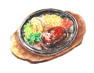 水彩で描いた鉄板とハンバーグのイラスト