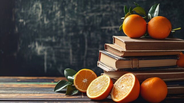 Orange over the blackboard and books on a background reminiscent of a school 