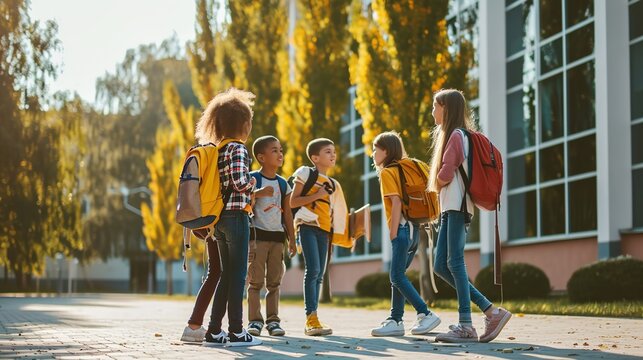 Backpack-wearing students conversing outside of the classroom