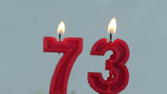 close up on timelapse melting a red number seventy three birthday candle on a white background.
