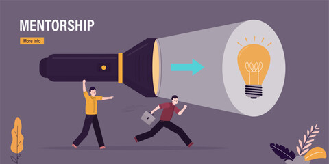 Businessman run to new idea or opportunity. Mentor use giant flashlight illuminating light bulb. Mentorship, landing page. Right direction of company development,