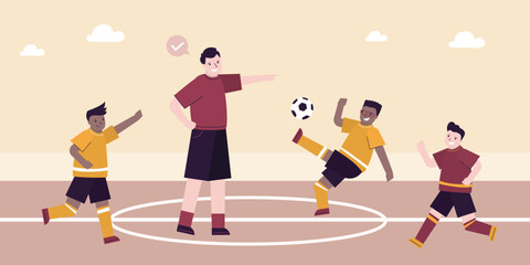 Football training, coach explains tactics and teaches how to play correctly. Cute happy little boys playing football game. Multi ethnic soccer players in uniform.