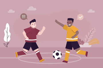 Cute happy little boys playing football game. Cartoon male characters in uniform, multi ethnic soccer players. Active children playing with a ball. Rivals, sport competition.