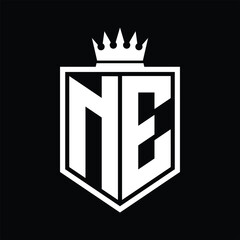 NE Logo monogram bold shield geometric shape with crown outline black and white style design