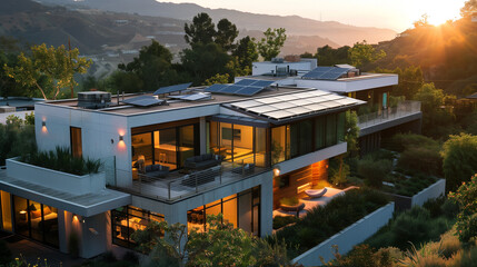 solar panels on the roof of a modern American home. self sustainable eco friendly photo voltaic powered house 