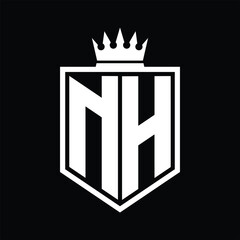 NH Logo monogram bold shield geometric shape with crown outline black and white style design