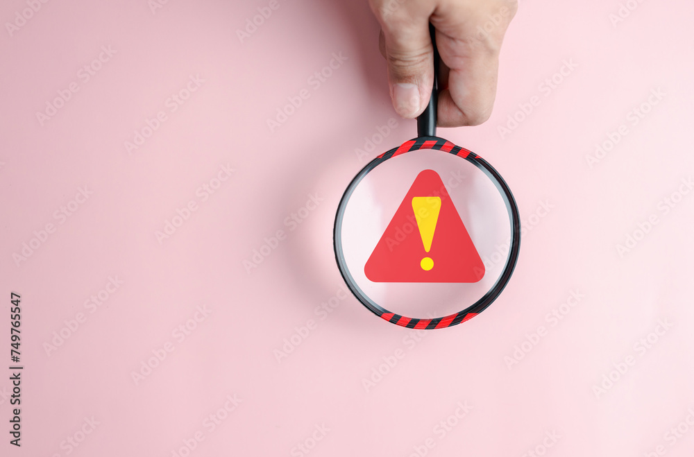 Poster System warning error popup and maintenance inside magnifier. cyber attack on online network error system. Cybersecurity vulnerability, data breach, illegal connection, compromised information.