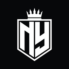 NY Logo monogram bold shield geometric shape with crown outline black and white style design