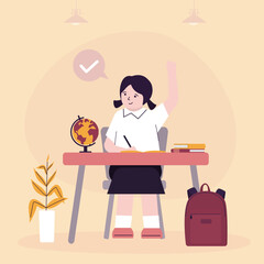happy little girl student raising hand asking question sitting at her desk in the classroom. Smart schoolgirl at workplace desk