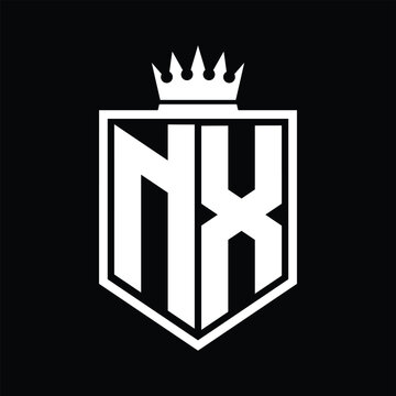 NX Logo monogram bold shield geometric shape with crown outline black and white style design