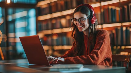 student with a smile studies online while using wireless headphones
