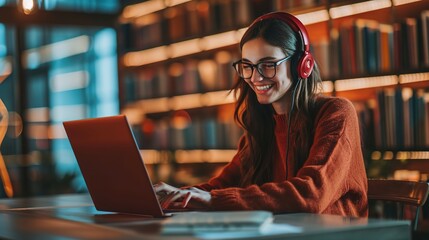 student with a smile studies online while using wireless headphones - obrazy, fototapety, plakaty