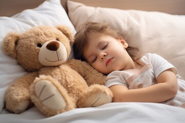 Cute little baby sleeping with teddy bear on bed at home , Cute little girl sleeping with teddy bear on bed, Ai generated