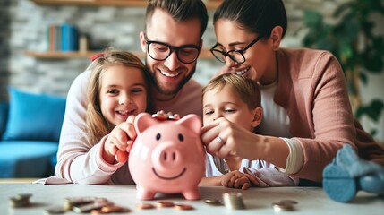 smiling young family deposits money in a pink picky bank, planning for their future together