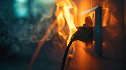 Home electric wire plug in indoor in fire caused by a short circuit , domestic accident concept image - obrazy, fototapety, plakaty