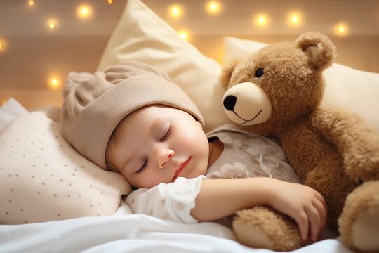Cute baby sleeping with a teddy bear on the bed at home , Adorable and cute sleeping baby in knitted hat and soft toy teddy bear near , Ai generated