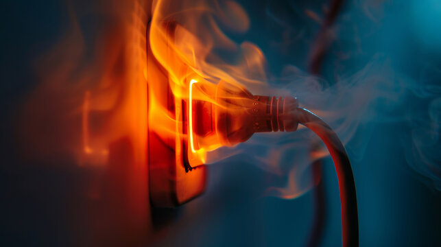 Home electric wire plug in indoor in fire caused by a short circuit , domestic accident concept image
