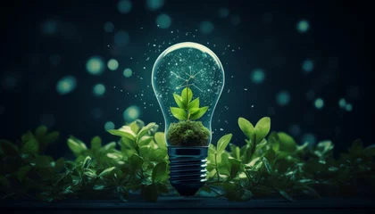 Rolgordijnen Renewable energy concept  light bulb with green plants symbolizing sustainability and cost savings. © Inna