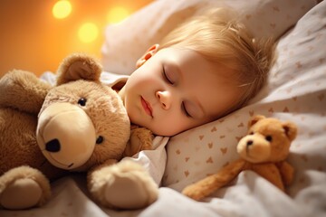 Cute little baby sleeping with teddy bear on bed at home , Cute little girl sleeping with teddy bear on bed, Ai generated