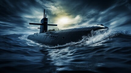 Stealth nuclear submarine launching torpedo missile in vast ocean, wide banner with copy space - obrazy, fototapety, plakaty
