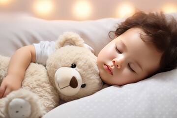 Obraz na płótnie Canvas Cute little baby sleeping with teddy bear on bed at home , Cute little girl sleeping with teddy bear on bed, Ai generated
