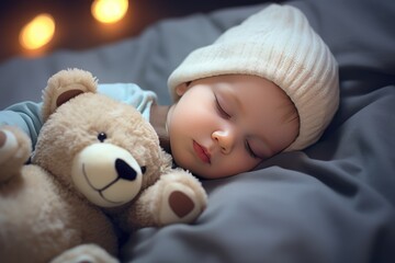 Cute baby sleeping with a teddy bear on the bed at home , Adorable and cute sleeping baby in knitted hat and soft toy teddy bear near , Ai generated