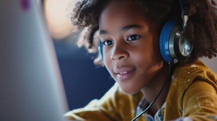Child enjoying music with headphones on.