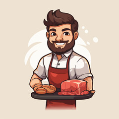 Butcher shop logo in form of male butcher with beard in  apron - 749766554