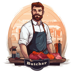 Butcher shop logo in form of male butcher with beard in  apron - 749766558