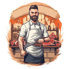 Butcher shop logo in form of male butcher with beard in  apron - 749766560