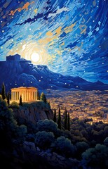 A view of Athens with the Acropolis in the style of Vincent Van Gogh.