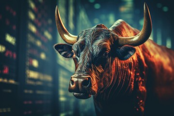 Bull on stock market trading graphs, bullish trend analysis and investment chart background - obrazy, fototapety, plakaty