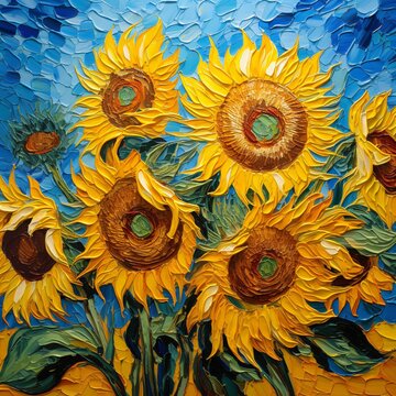 Many beautiful sunflowers on blue background