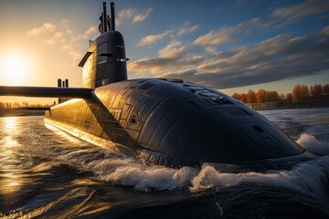 Black modern military submarine sailing into the ocean at sunset, naval vessel at dusk
