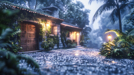 Charming Vintage House in Natural Landscape with Garden, Trees, and Summer Evening Glow