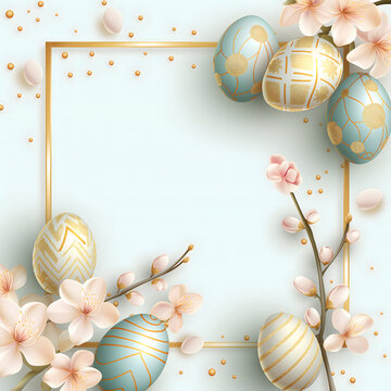 Frame for Easter festival. Pastel Easter eggs with cute golden patterns and spring flowers on a pastel plain blue background with blank space for text at the center of the image.