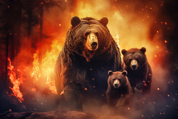 Two bears are standing next to a fire in a forest, symbolizing the danger of forest fires for...