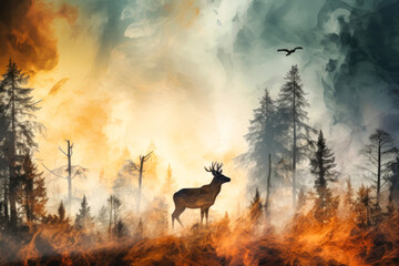A deer stands amongst burning trees in a forest, fleeing from a raging fire as part of an escaping wildlife scene