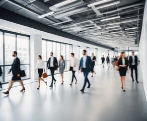 Bright business workplace with people in walking in blurred motion