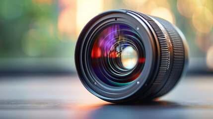 Close-up front view of wide-angle camera lens on dark background. The eyes of the photographer. Camera Lens With Reflections. A Macro photo of The diaphragm of a camera lens aperture. Modern Wide. - obrazy, fototapety, plakaty