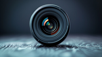Close-up front view of wide-angle camera lens on dark background. The eyes of the photographer. Camera Lens With Reflections. A Macro photo of The diaphragm of a camera lens aperture. Modern Wide.