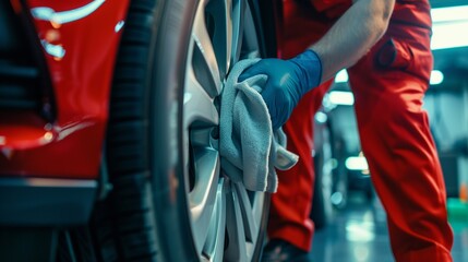 Car service worker cleaning car wheel with microfiber cloth, closeup. AI.