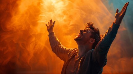 A Christian man praying to God crying and emotional with his arms raised